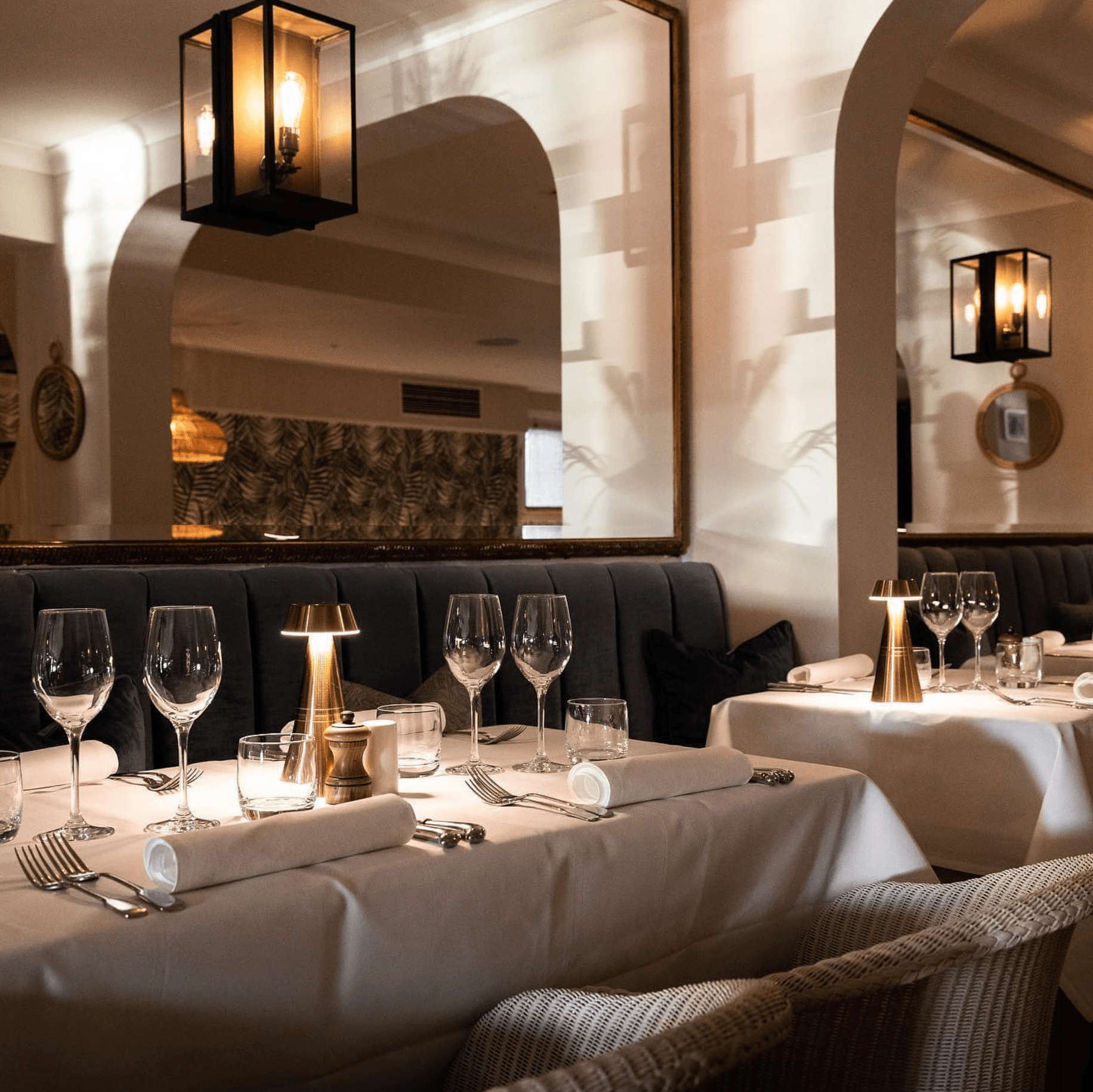 Cordless table lamps being used on tables at the Moorings Hotel & Restaurant in Jersey