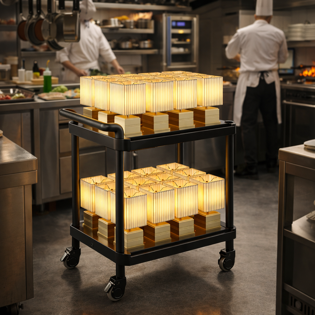 Charging Trolley with fabric shade cordless table lamps in a kitchen setting.