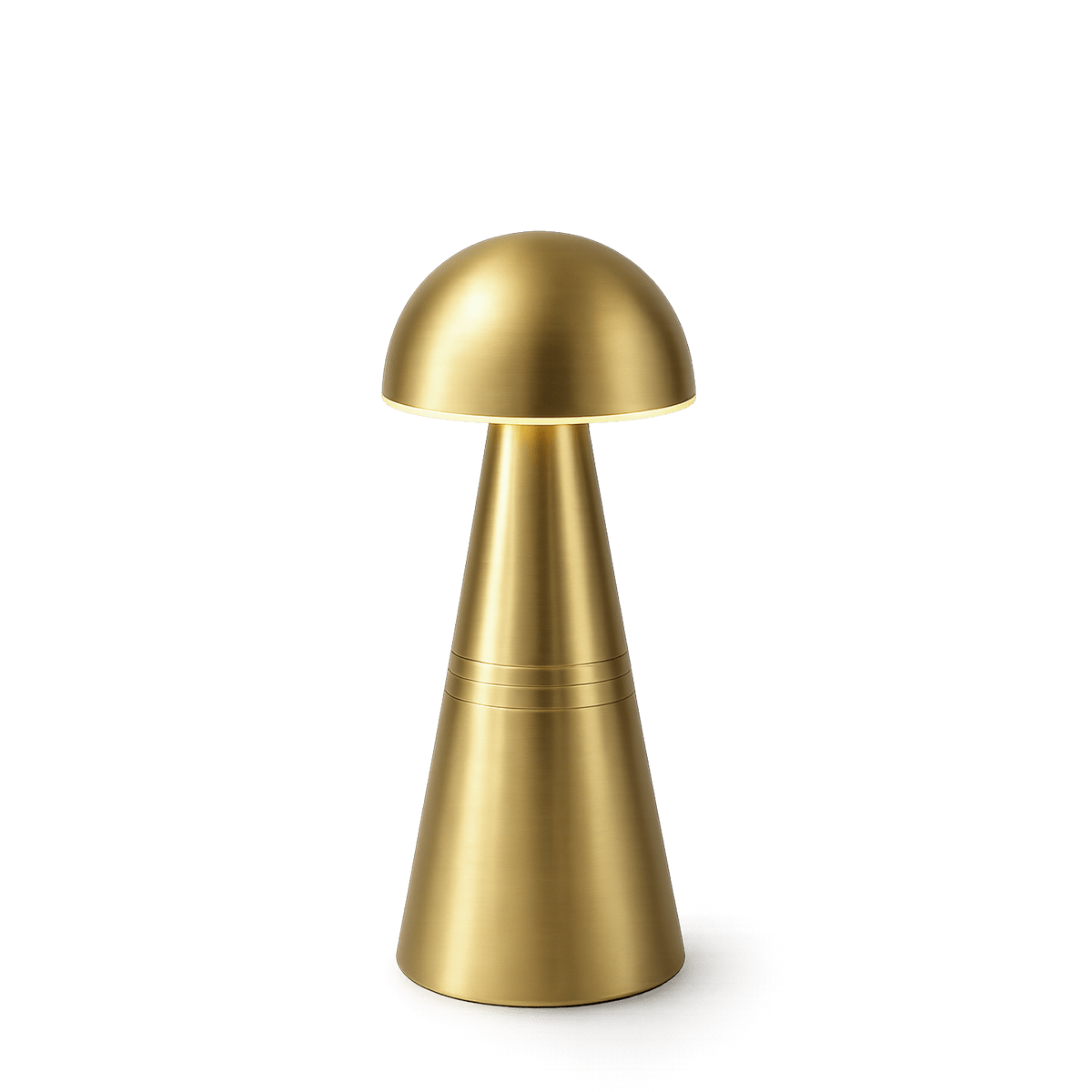 Brass rechargeable table lamp with a cone-shaped base and dome shade