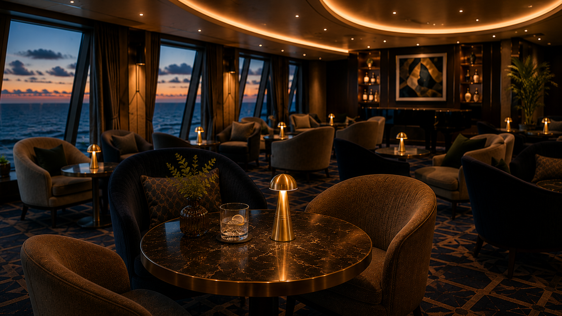 Luxury lounge with rechargeable table lamps on marble top tables. Ocean views at sunset