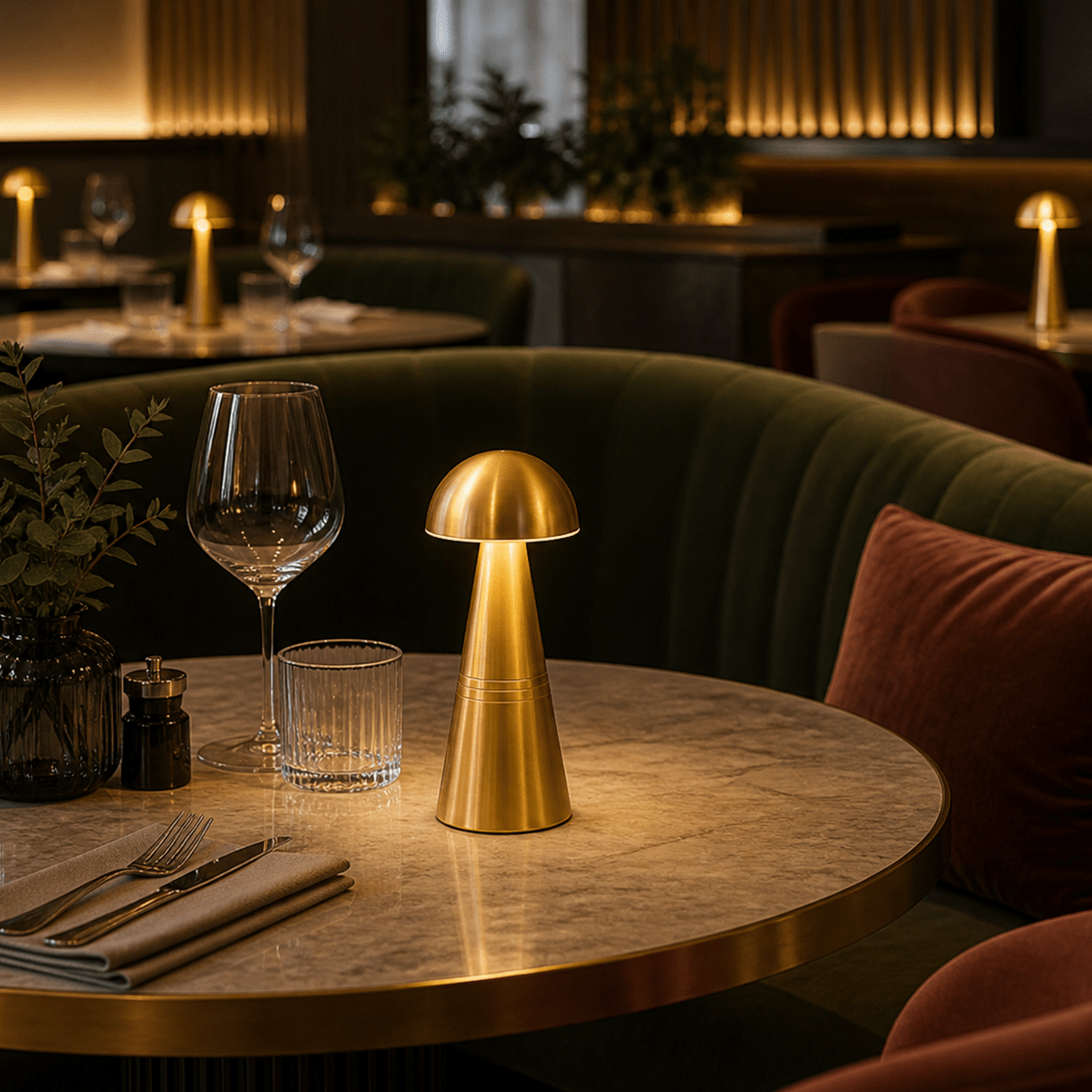 Gold rechargeable table lamp on a round marble table in a dimly lit restaurant setting.