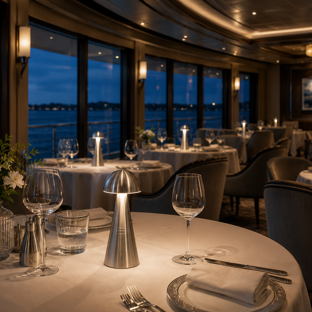 Dining area with tables set for dinner by a large window with a view of water at night.