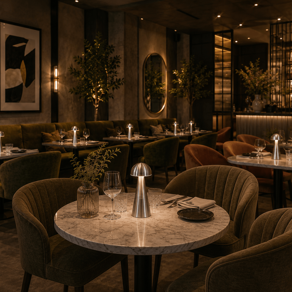 Modern restaurant interior with round tables, silver rechargeable table lamps, chairs, and decorative elements.