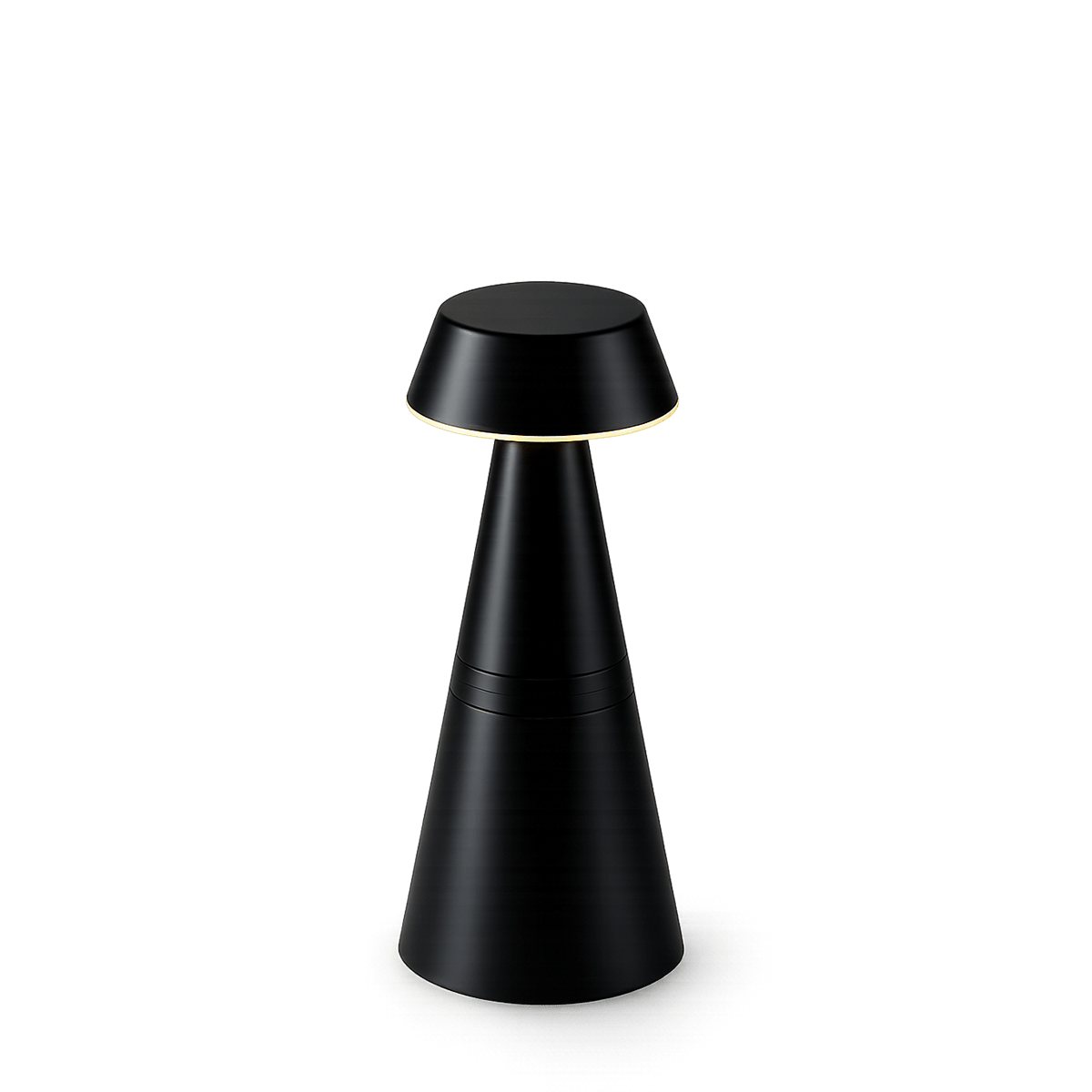 Black rechargeable cordless lamp with a cone-shaped base
