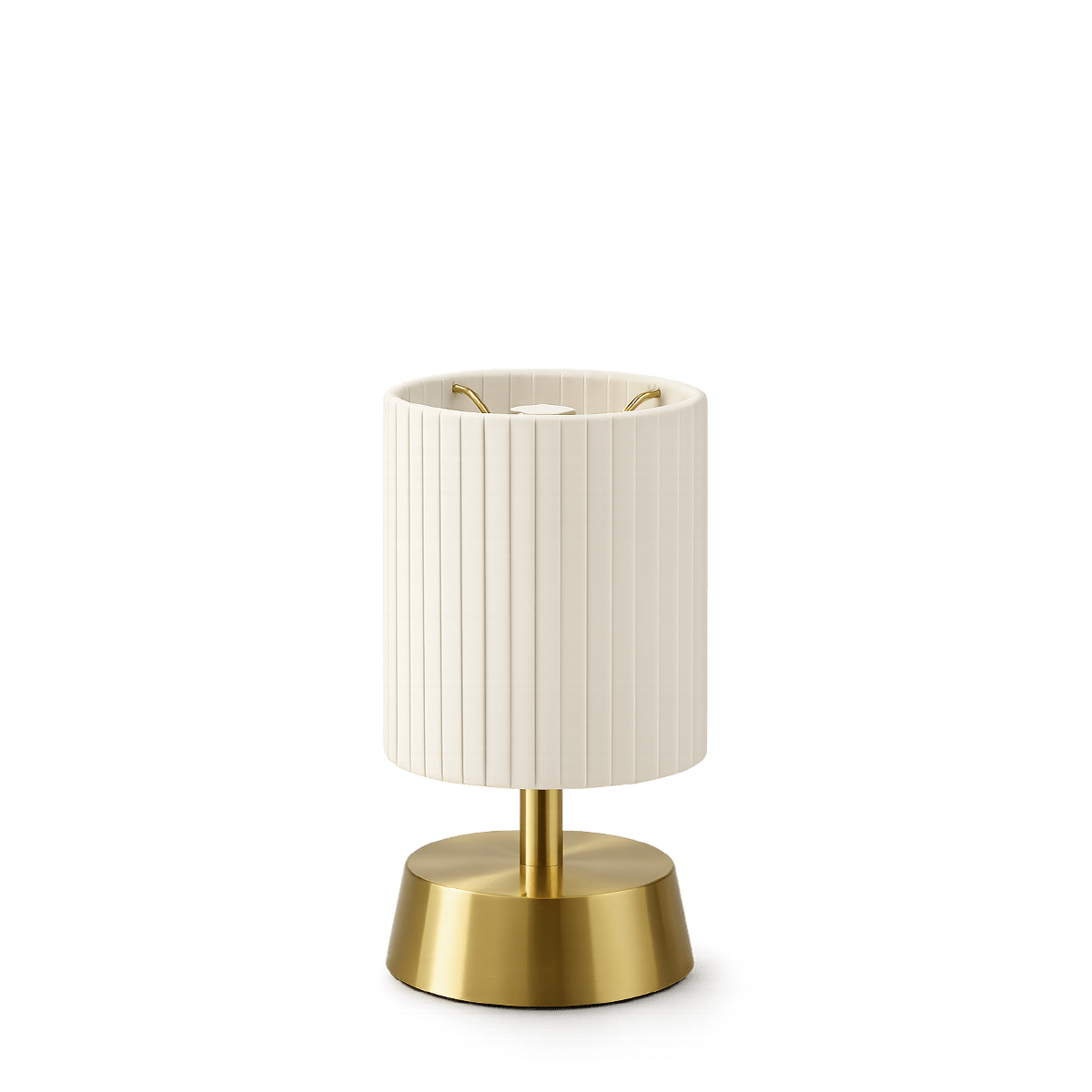 Rechargeable table lamp with white pleated shade and brass base