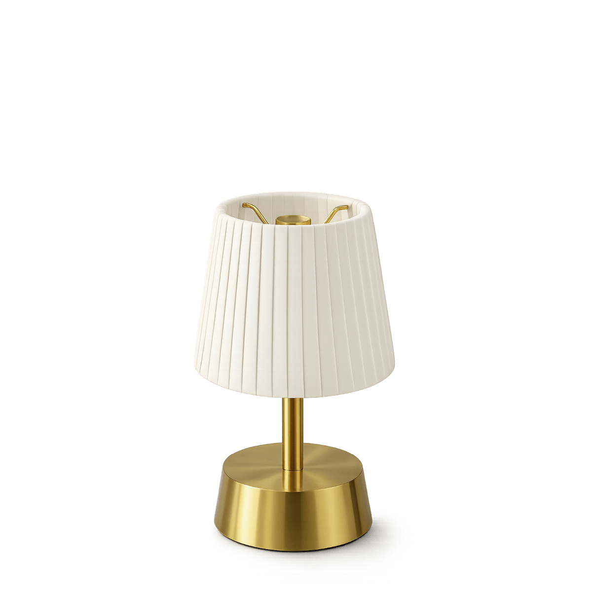 Small rechargeable table lamp with a white pleated shade and brass base