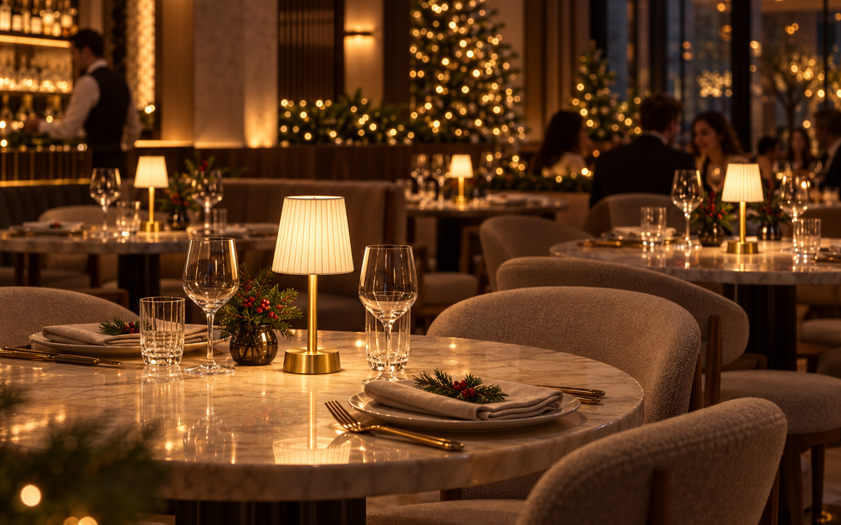 A warmly lit dining room with round tables set for guests, featuring cordless table lamps, wine glasses, folded napkins, and holiday greenery. blurred Christmas trees and people are visible in the background.