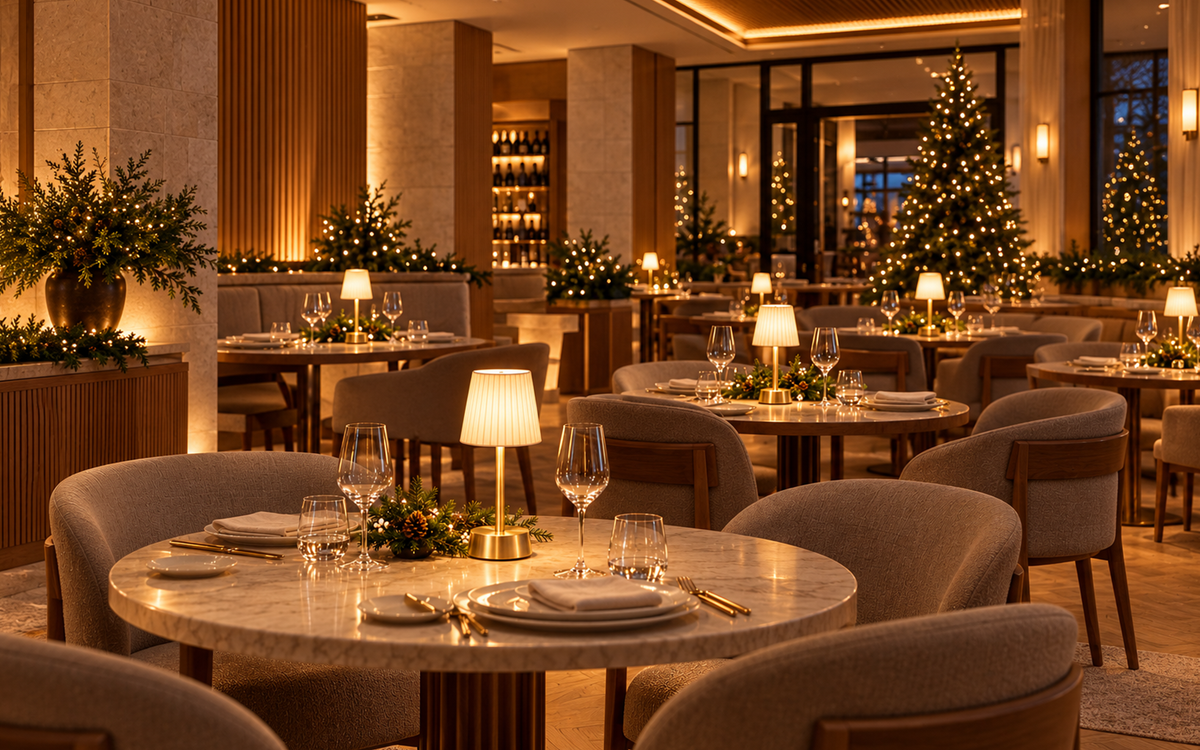 Fine dining restaurant with tables, soft chairs, cordless table lamps and christmas decorations.