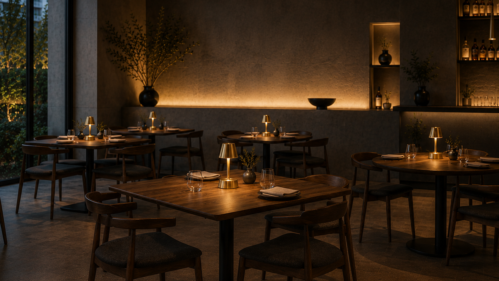 Dining area with wooden tables, cordless lamps and chairs in a dimly lit restaurant.
