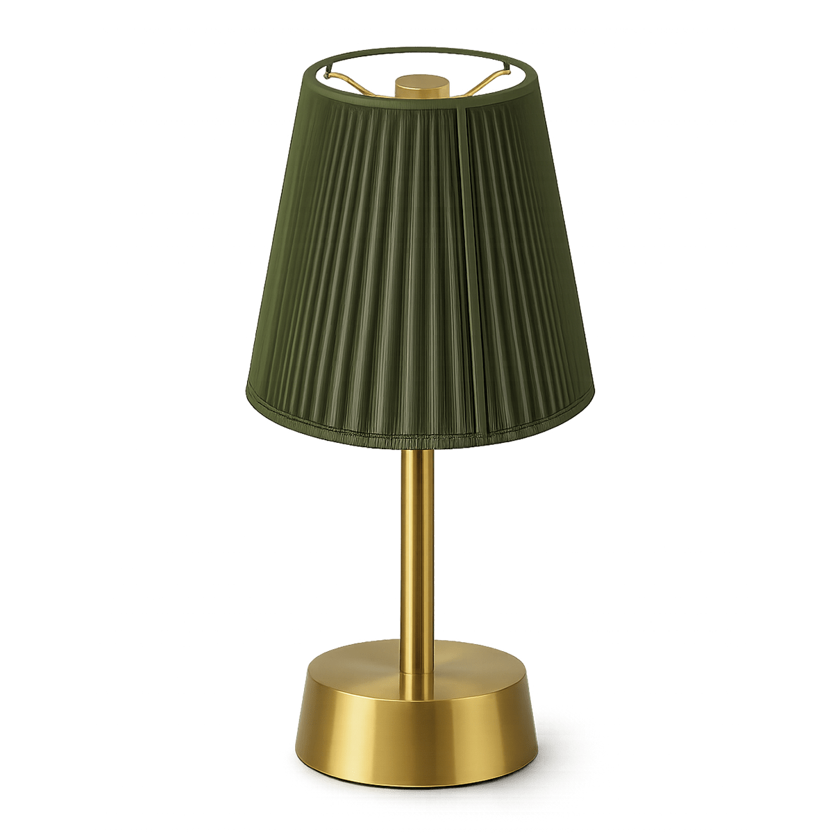 Rechargeable table lamp with green pleated shade and gold base