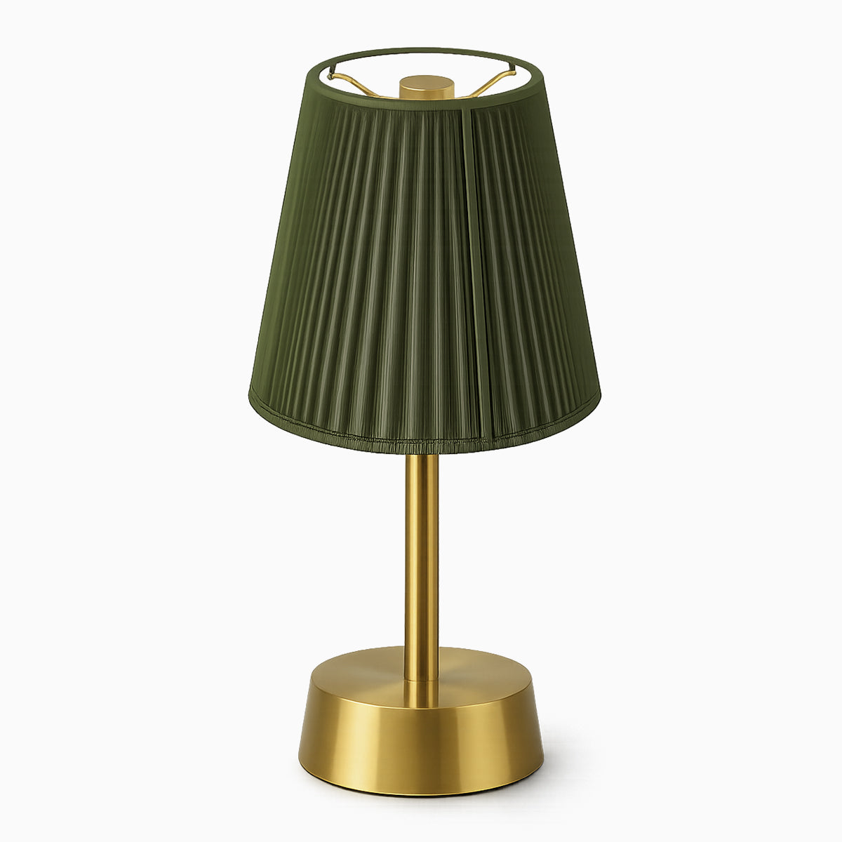 Cordless table lamp with green cotton shade and brass base on a white background