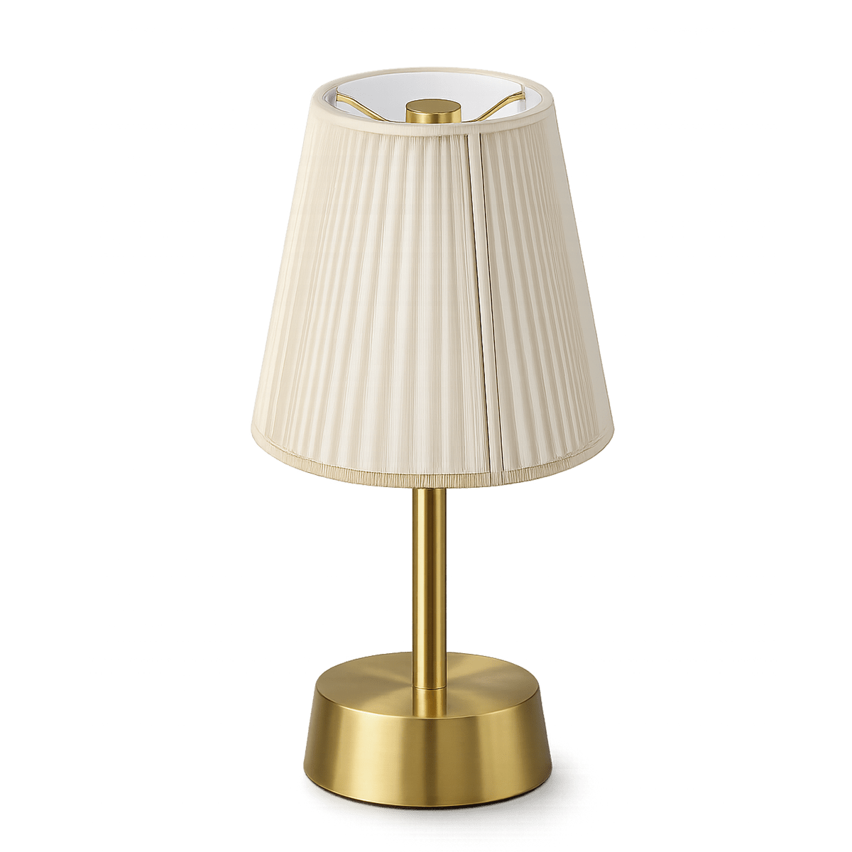 Rechargeable table lamp with pleated beige shade and brass base