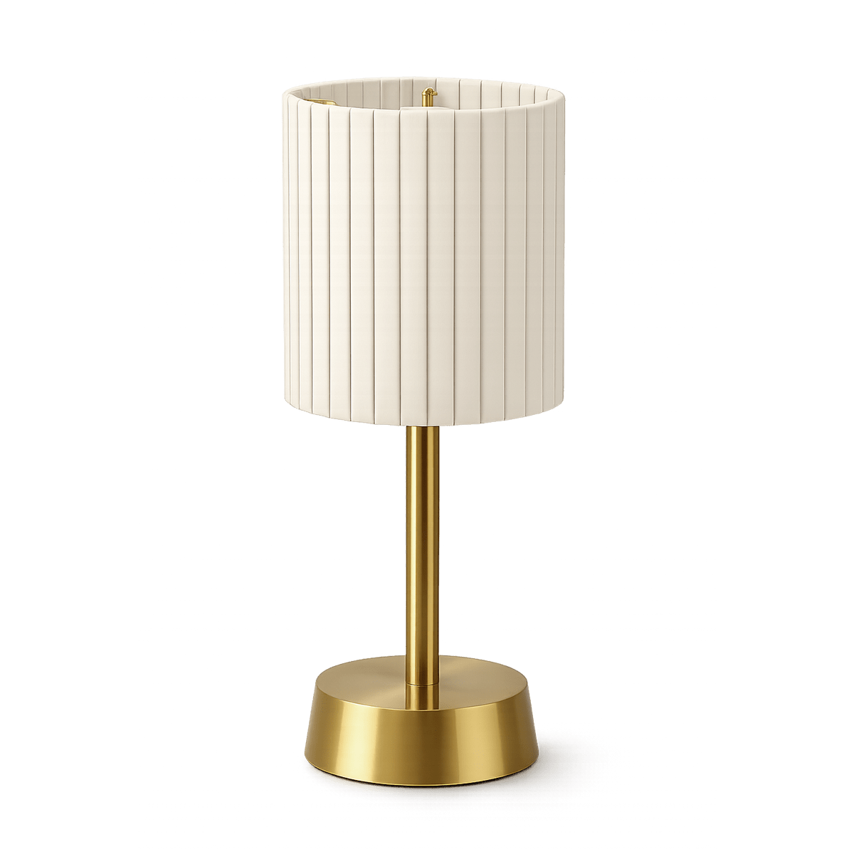 Rechargeable table lamp with white cylindrical pleated shade and brass base