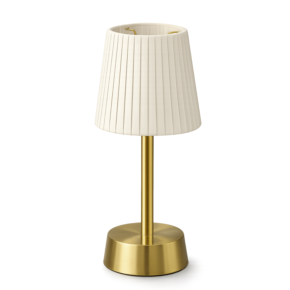 Rechargeable table lamp with white pleated shade and brass base.