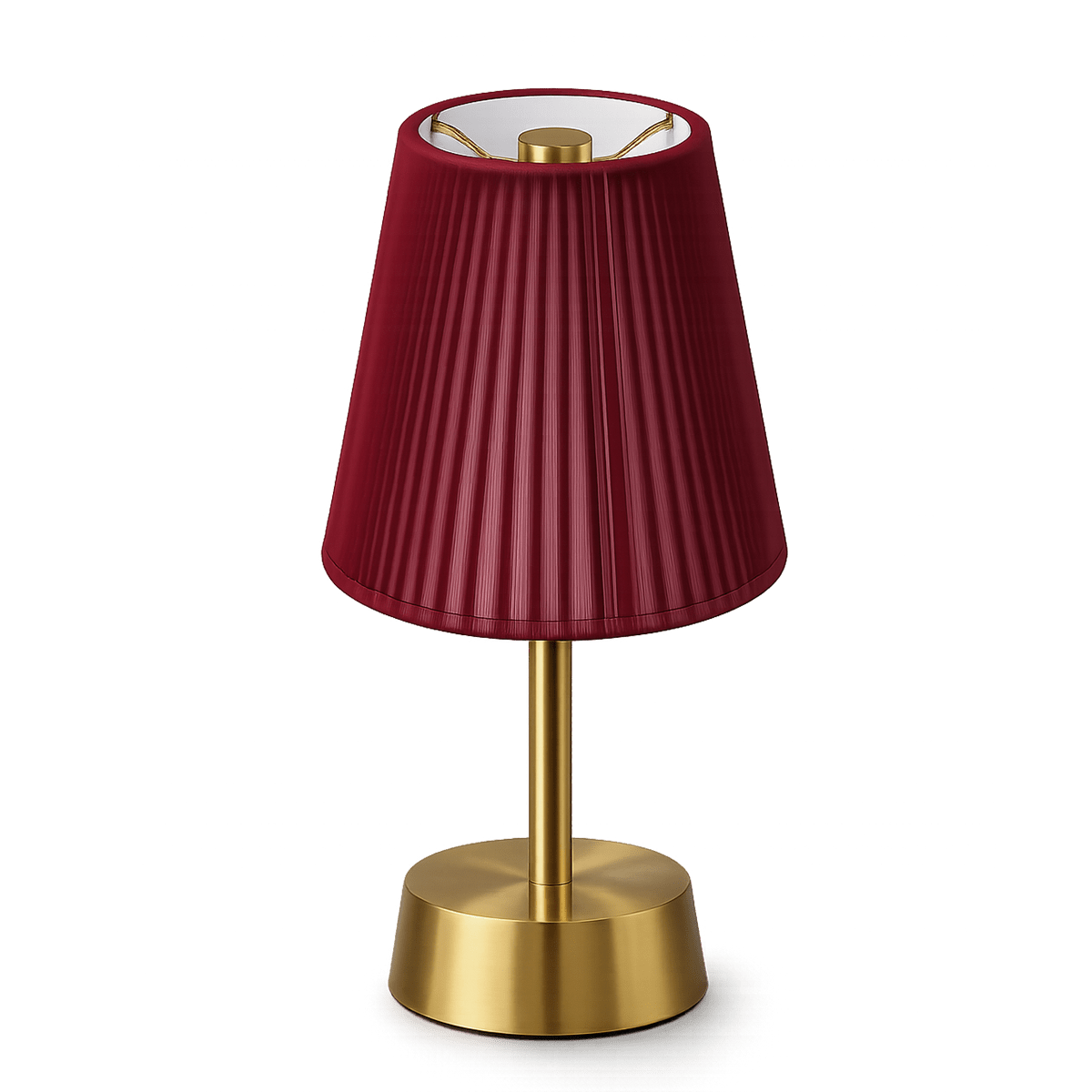 Rechargeable table lamp with a red pleated shade and brass base