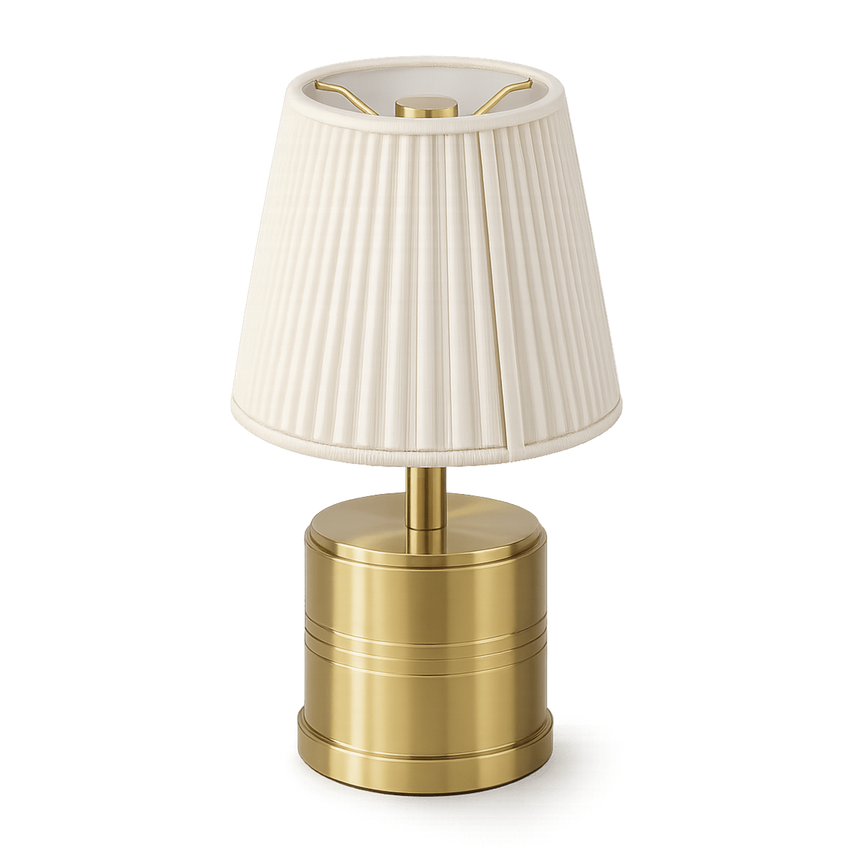 Rechargeable table lamp with a white pleated shade and brass base.