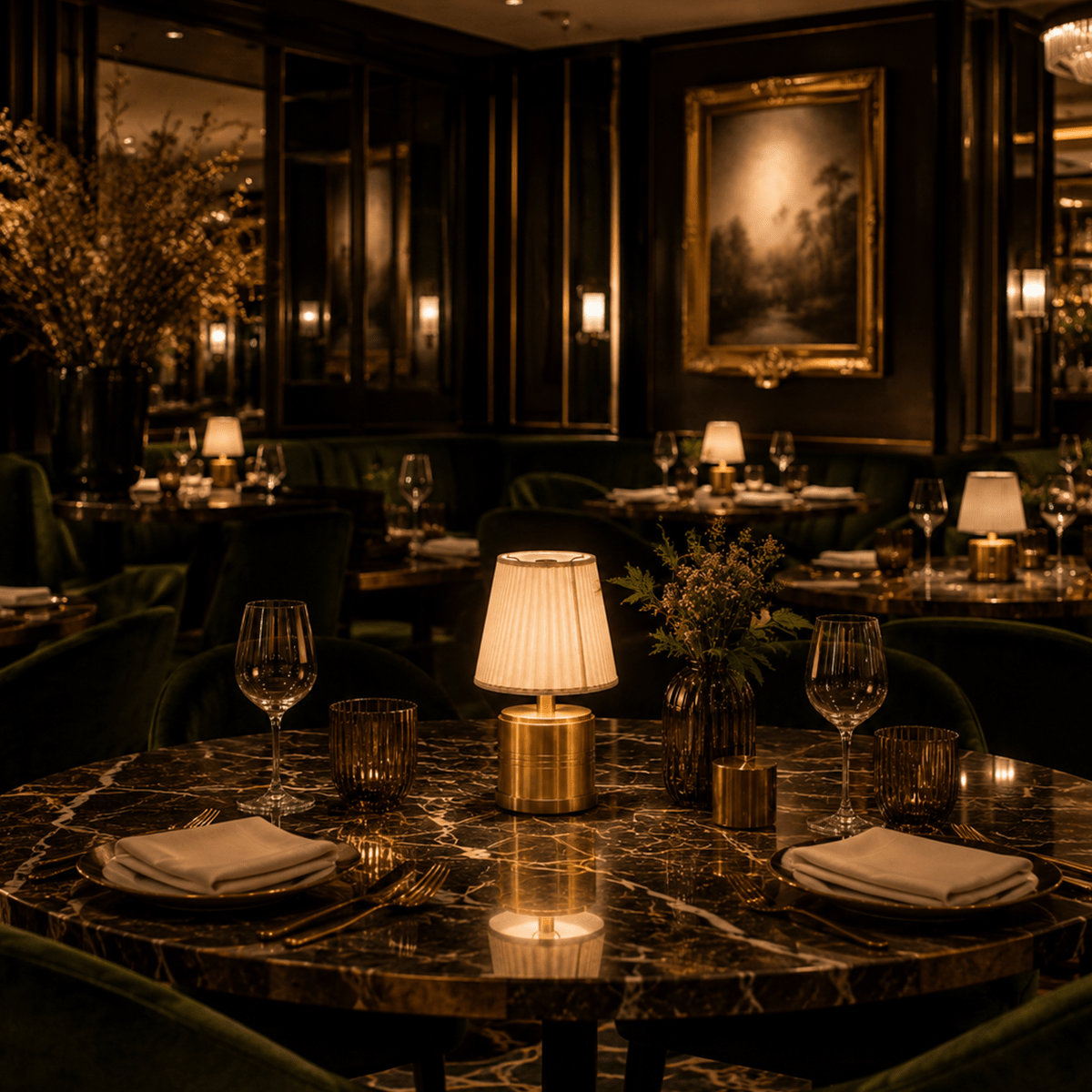 Elegant restaurant interior with tables set for dinner, rechargeable lamps, and decorative elements.