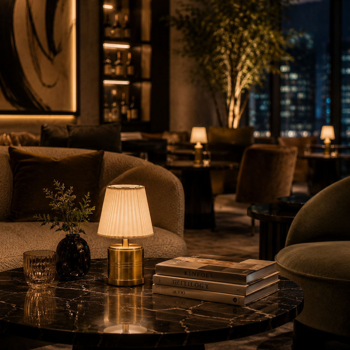 Cozy indoor setting with a rechargeable table lamp, books, and decorative items in a dimly lit room.
