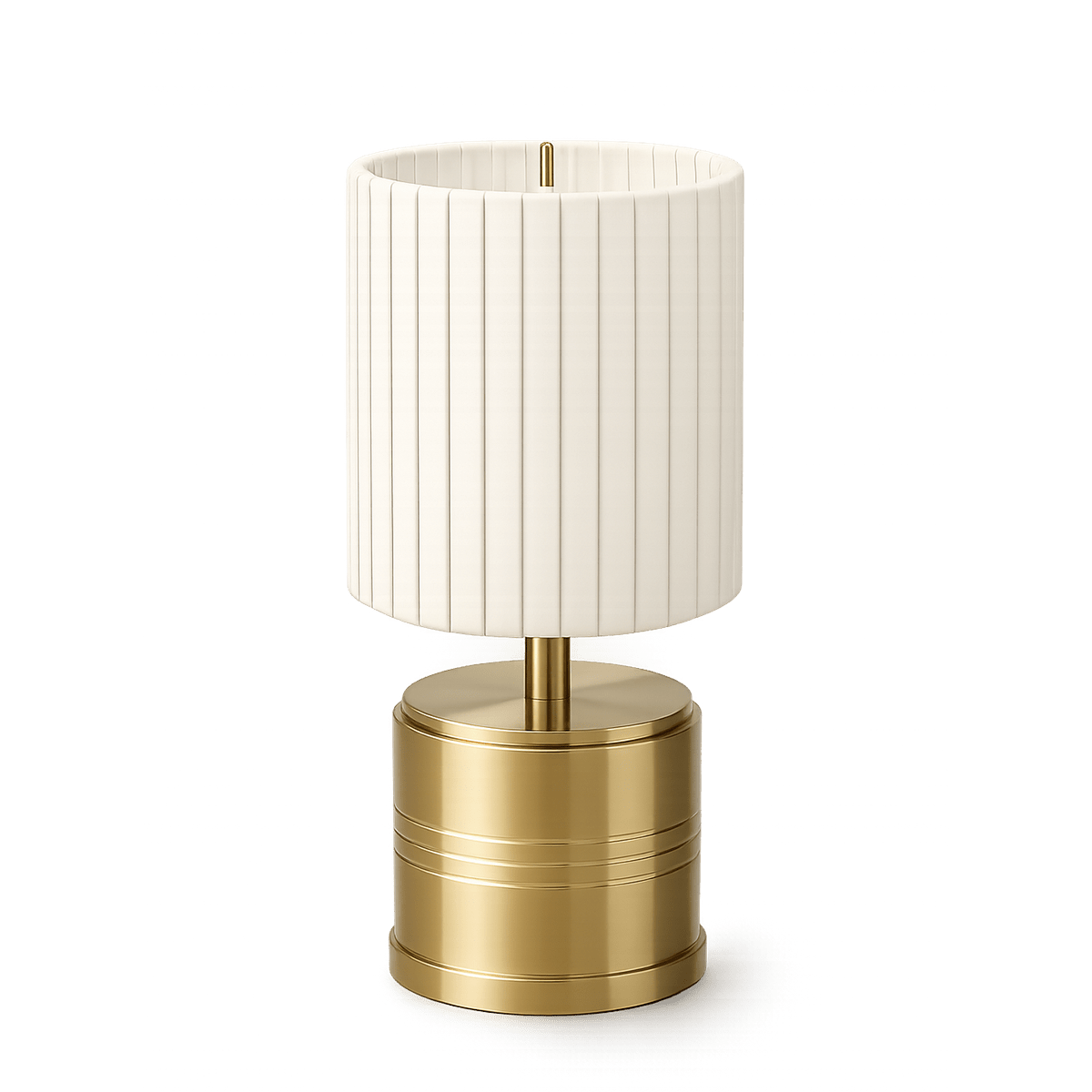 Rechargeable table lamp with white ribbed shade and brass base