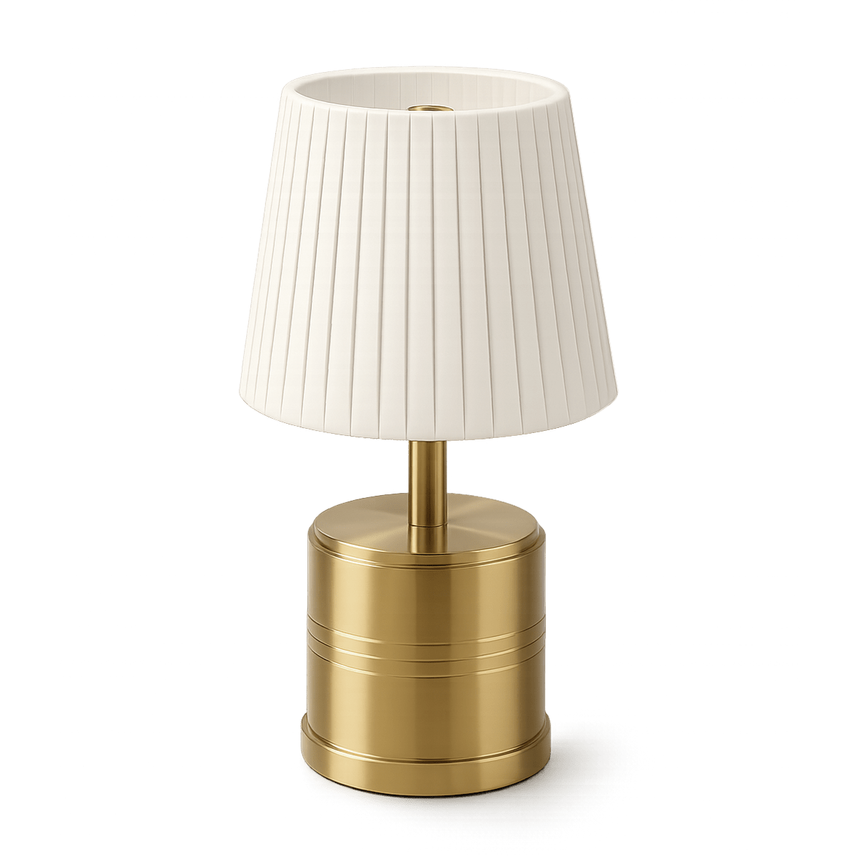 Rechargeable table lamp with white pleated shade and brass base