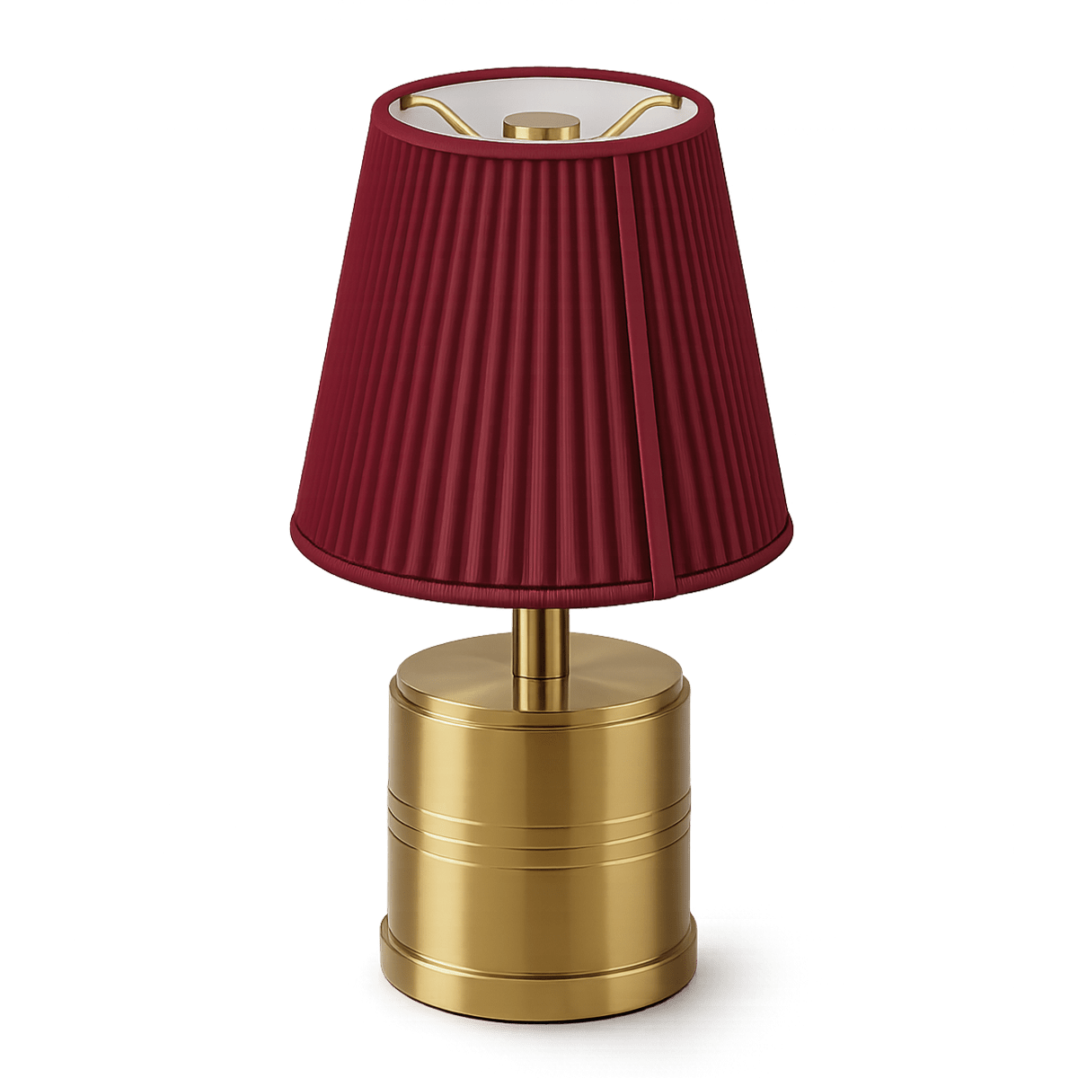 Rechargeable table lamp with a red pleated shade and brass base