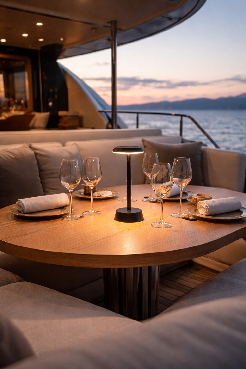 Dining setup on a yacht with a black cordless rechargeable table lamp, wine glasses and plates, overlooking a sunset.