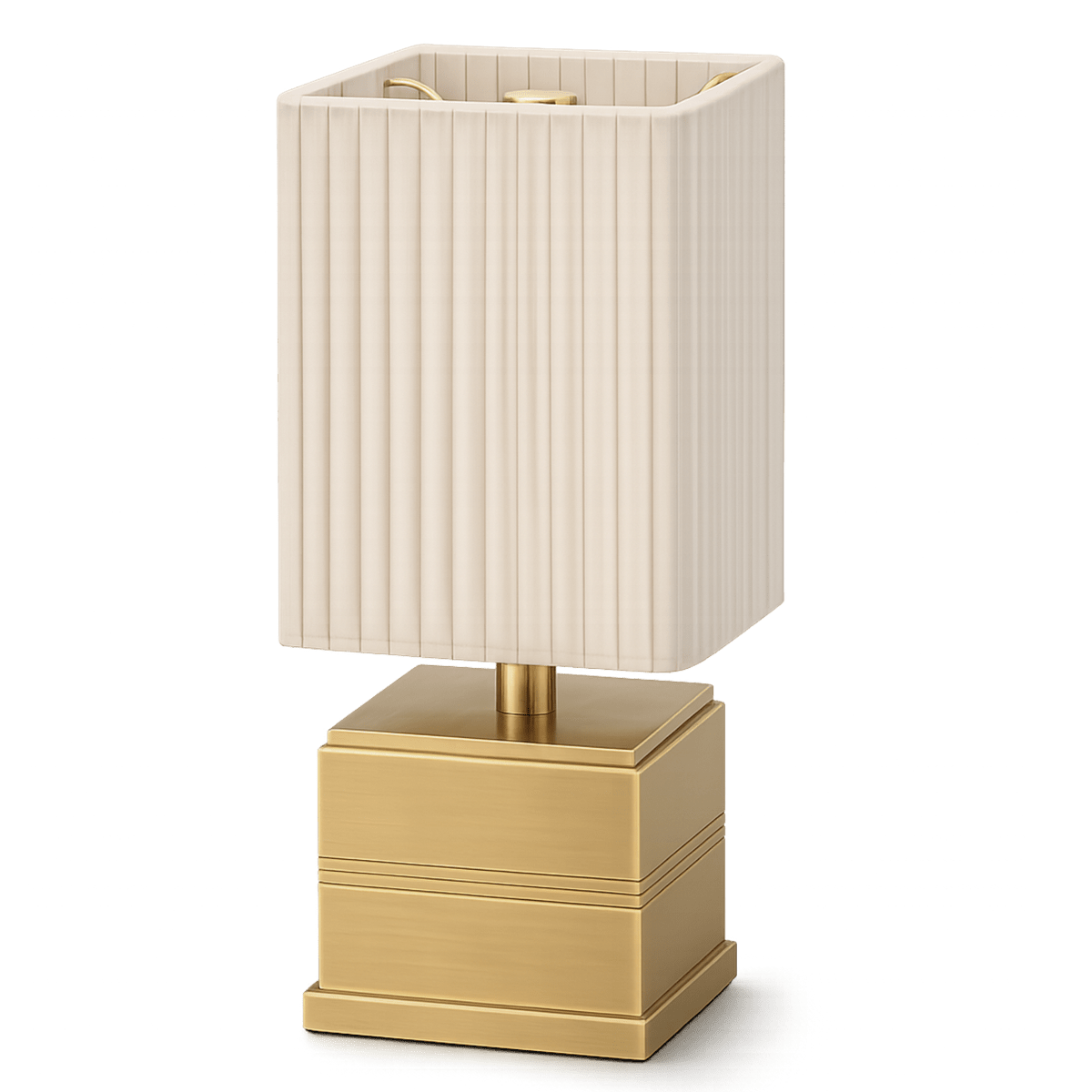 Rechargeable table lamp with beige pleated shade and brass base