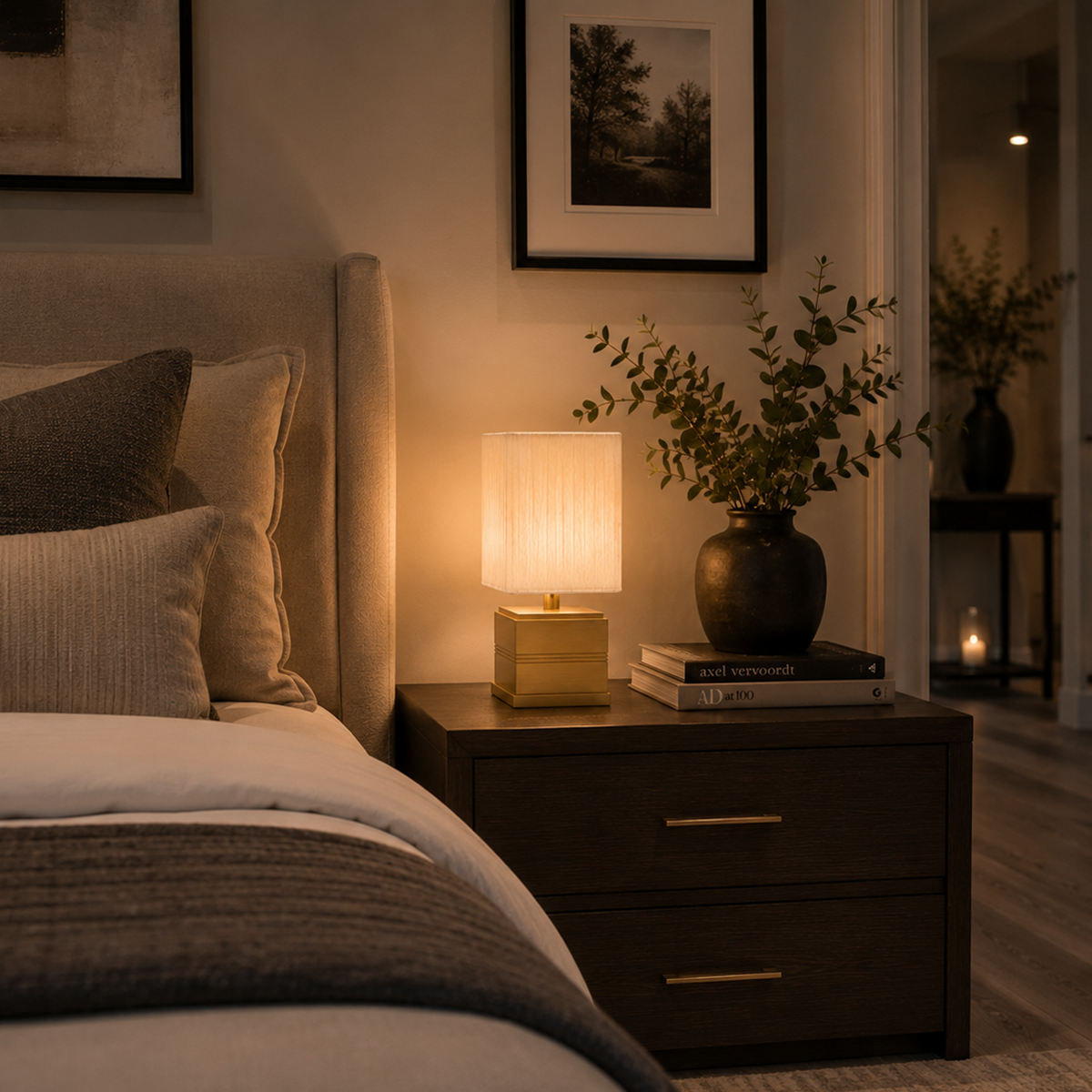 Cozy bedroom with a bed, nightstand, rechargeable lamp, and decorative elements.