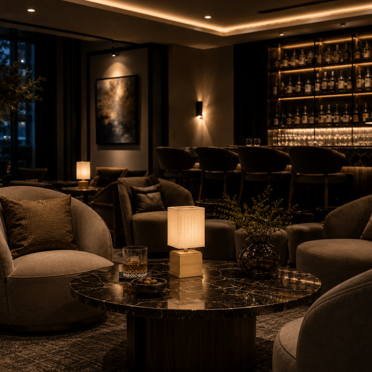 Luxurious lounge with rechargeable cordless lamps, plush chairs, and a table with a glass of whiskey.