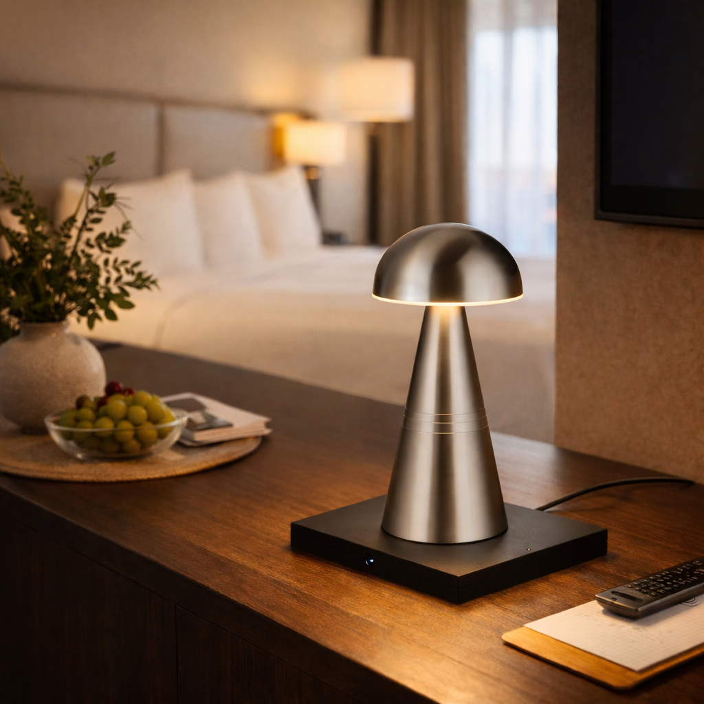 Modern cordless table lamp on a wooden surface with a cozy room setting