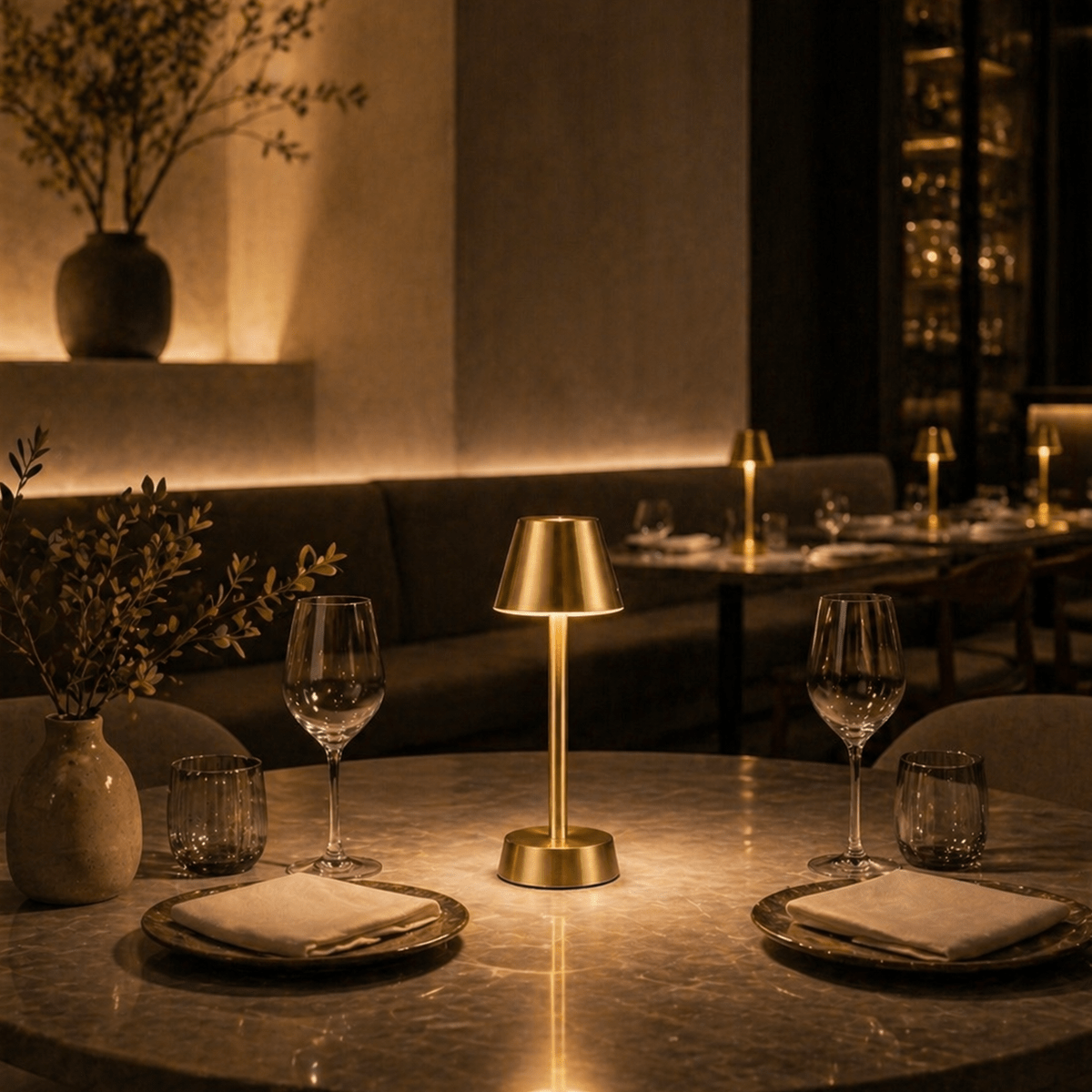 Gold rechargeable table lamp on a table with wine glasses and plates in a dimly lit room.