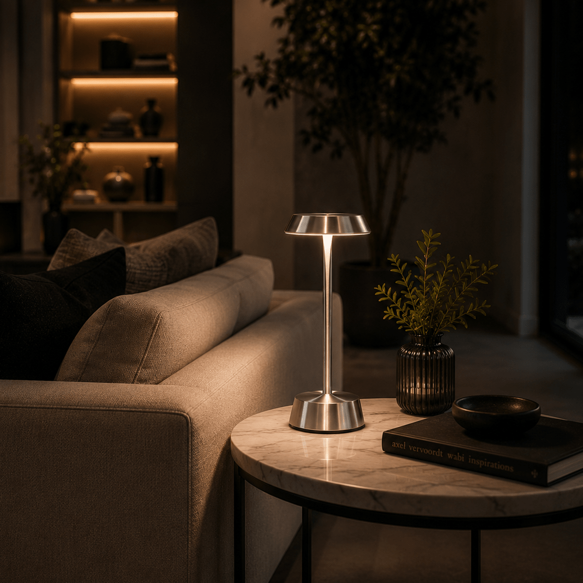 Modern living room with a rechargeable table lamp, book, and decorative items.