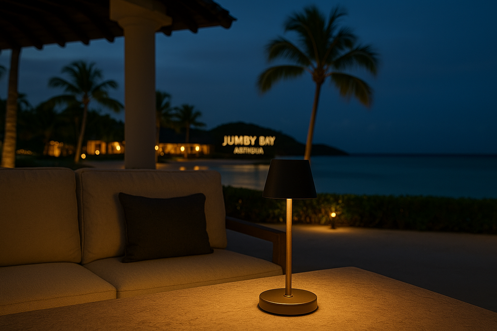 Cordless table lamp on a table at Jumby Bay Resort in Antigua