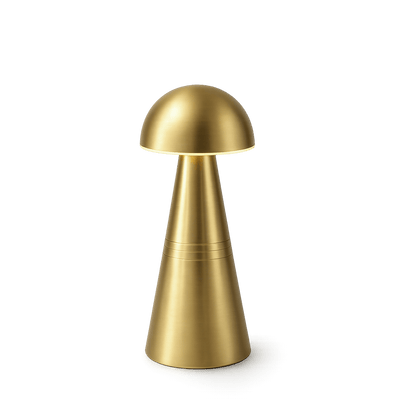 Brass rechargeable table lamp with a cone-shaped base and dome shade