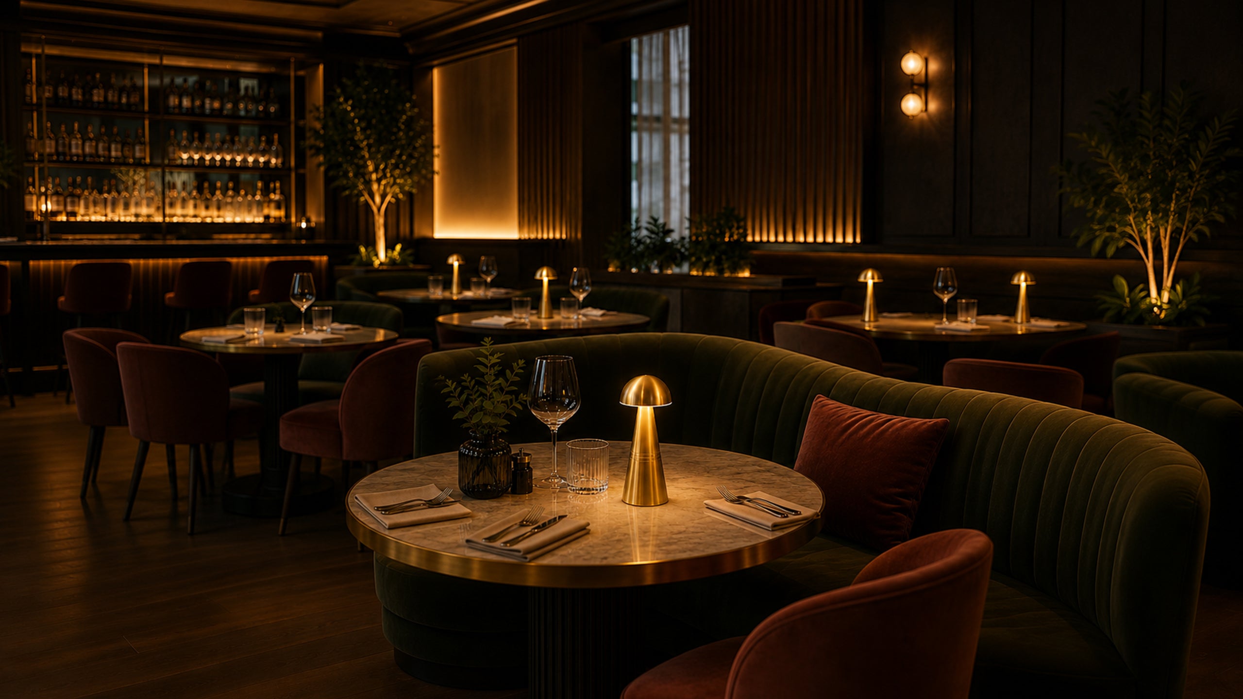 Brass restaurant table lamp in a dimly lit dining space with luxury soft seating.