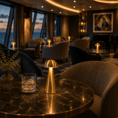 Luxurious interior with marble tables rechargeable table, and an ocean view.lamps