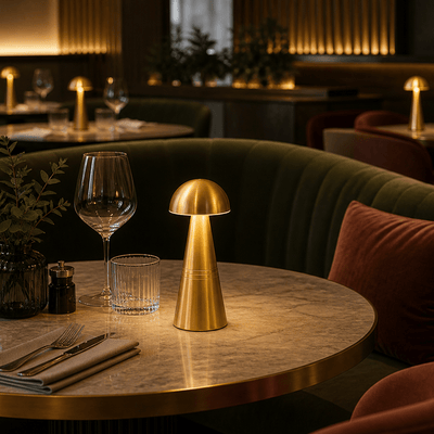 Gold rechargeable table lamp on a round marble table in a dimly lit restaurant setting.