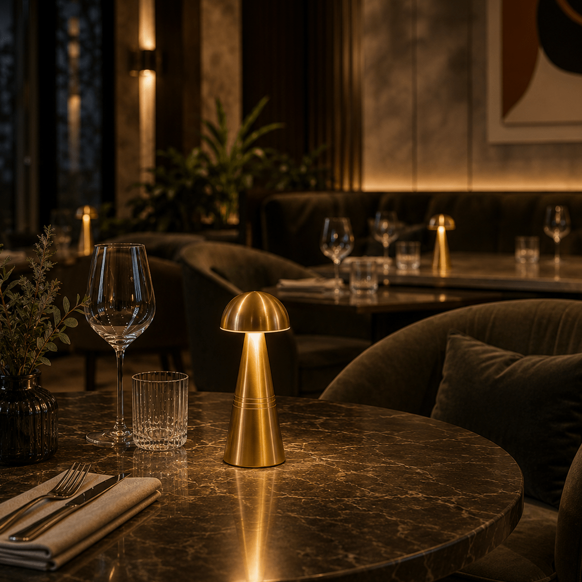 Luxurious restaurant setting with marble table, gold rechargeble lamp, and wine glasses.