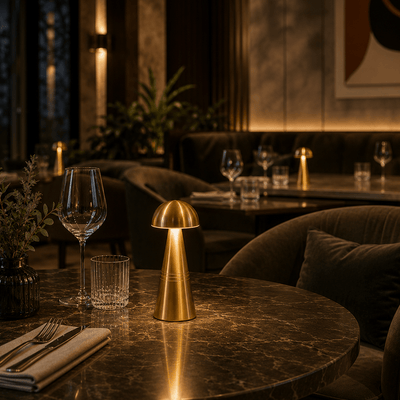 Luxurious restaurant setting with marble table, gold rechargeble lamp, and wine glasses.