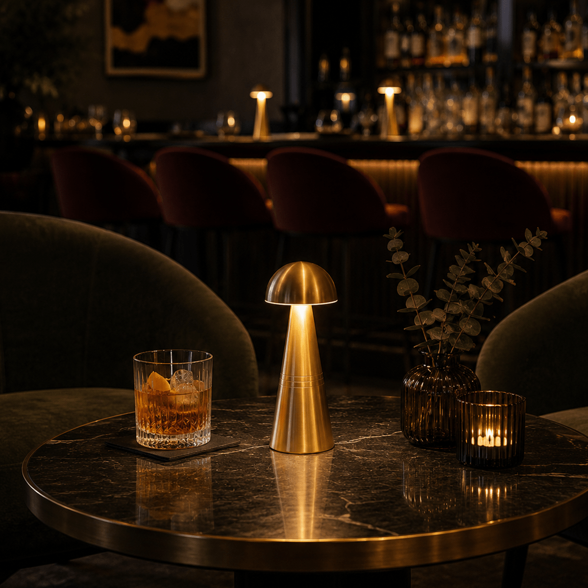 Gold rechargeable lamp on a restaurant table with a drink in a dimly lit bar setting