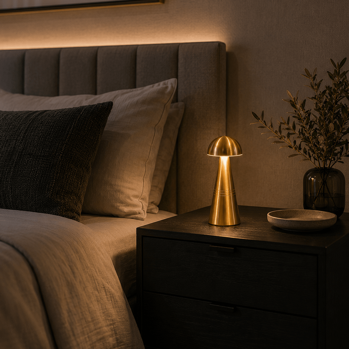 Gold rechargeable cordless lamp on a nightstand next to a bed with pillows