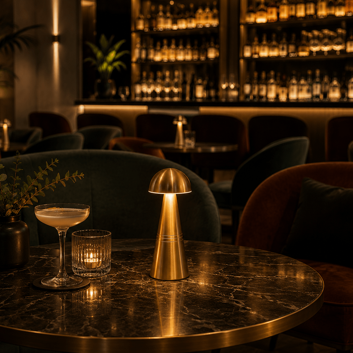 Luxurious cocktail bar setting with gold rechargeable lamps on a marble table.