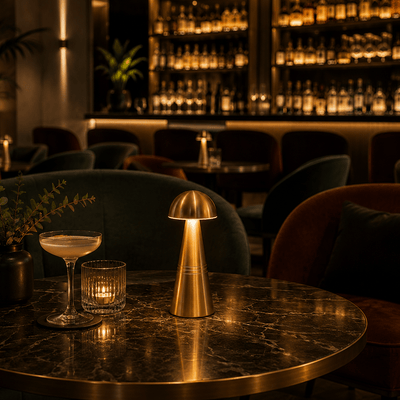 Luxurious cocktail bar setting with gold rechargeable lamps on a marble table.