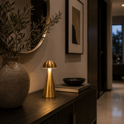 Brass rechargeable table lamp in a home on a dark wooden surface with a vase and plant in the background