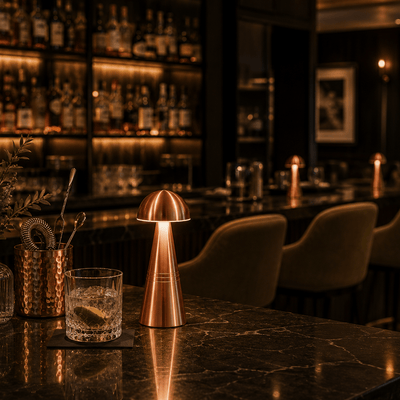 Copper rechargable lamp and glass on a bar counter with a dimly lit bar in the background