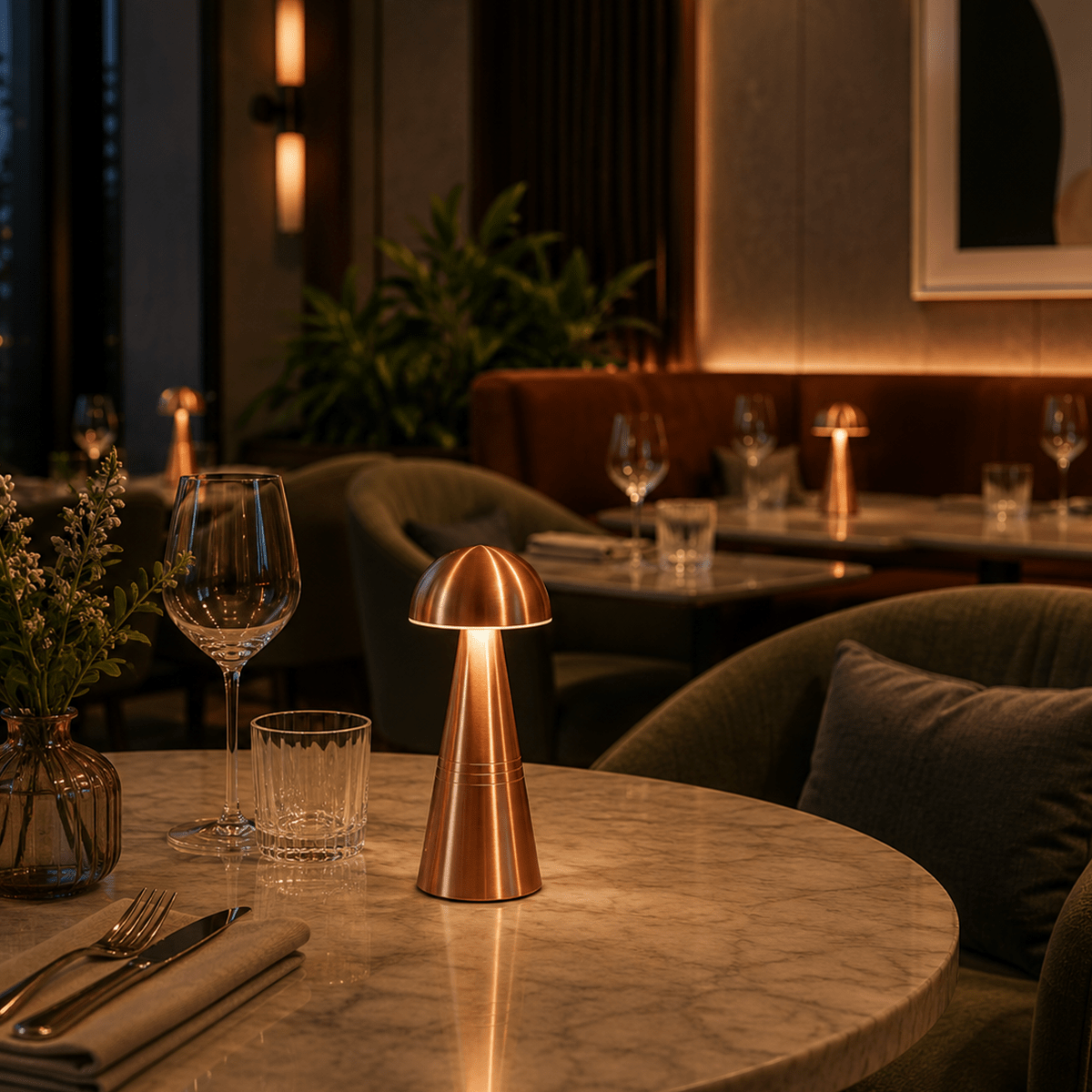 Copper rechargeable table lamp on a restaurant marble table with wine glasses and a candle in a dimly lit room.