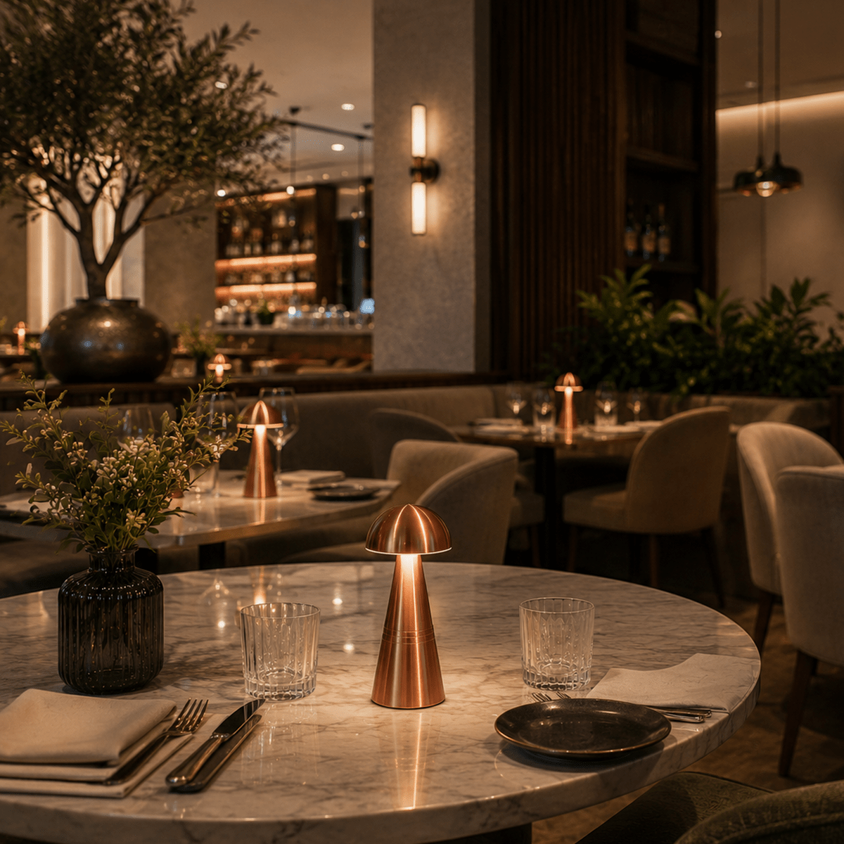Dining table setting in a restaurant with marble table, copper rechargable lamp, and white chairs.