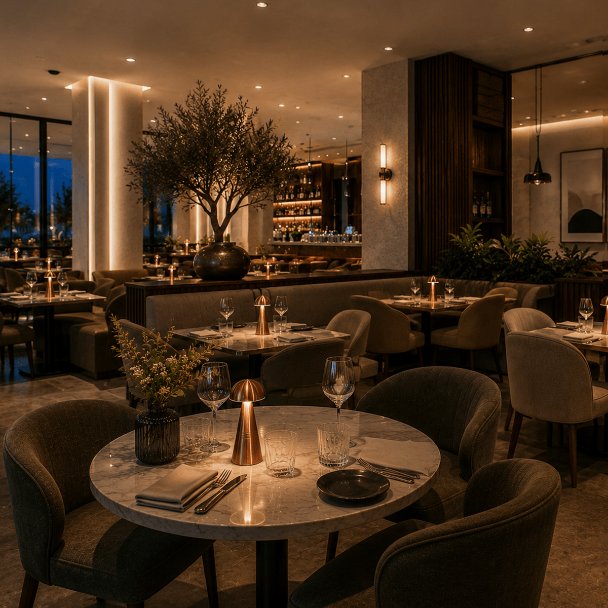 Modern restaurant interior with tables set for dining, rechargeable cordless table lighting, and decorative elements.