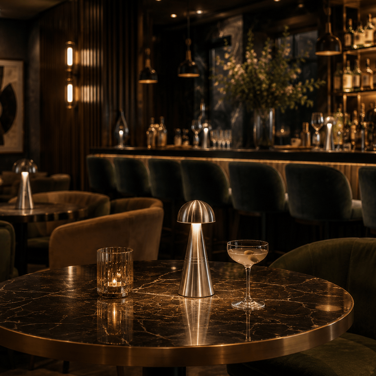Luxurious bar setting with a marble table, nickel rechargeable table lamp and cocktail glass.