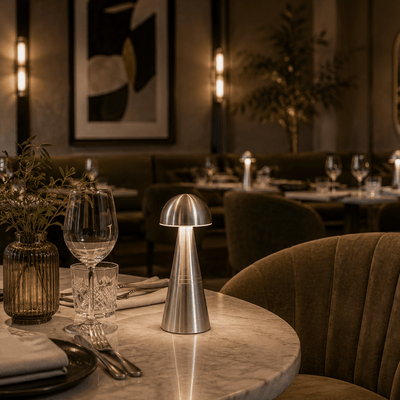 Dining table setting in a restaurant with a cordless lamp, glasses, and cutlery.